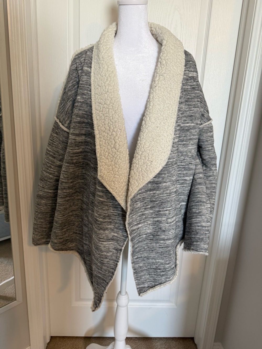 Cozy Shawl Cardigan with Sherpa Collar - Gray & Cream